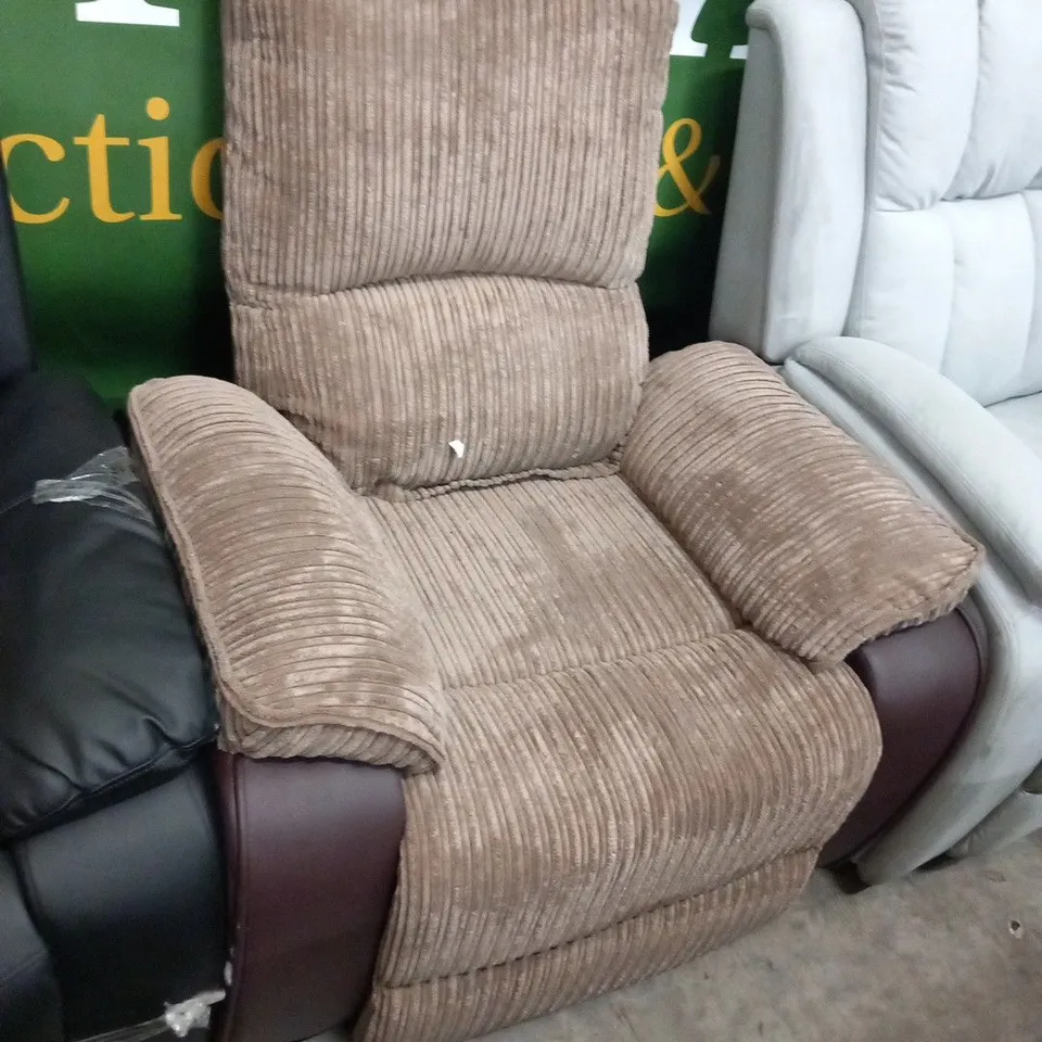 DESIGNER BEIGE CORDED FABRIC AND BROWN FAUX LEATHER MANUAL RECLINING ARMCHAIR