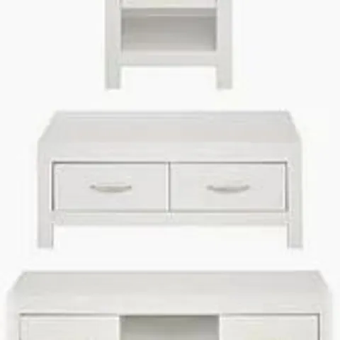 BRAND NEW BOXED GRADE 1 CLANFORD 3 PIECE PACKAGE COFFEE TABLE, LAMP TABLE AND TV UNIT WHITE (2 BOXES)