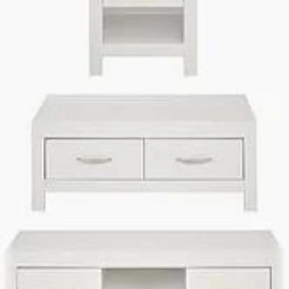 BRAND NEW BOXED GRADE 1 CLANFORD 3 PIECE PACKAGE COFFEE TABLE, LAMP TABLE AND TV UNIT WHITE (2 BOXES)