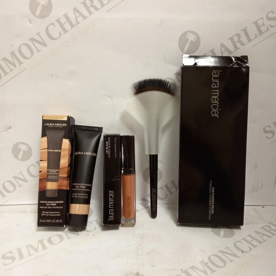 LOT OF 3 LAURA MERCIER MAKEUP PRODUCTS TO INCLUDE TINTED MOISTURIZER 25ML - 2W1 NATURAL, LIP GLACE - OPAL, FAN POWDER BRUSH 