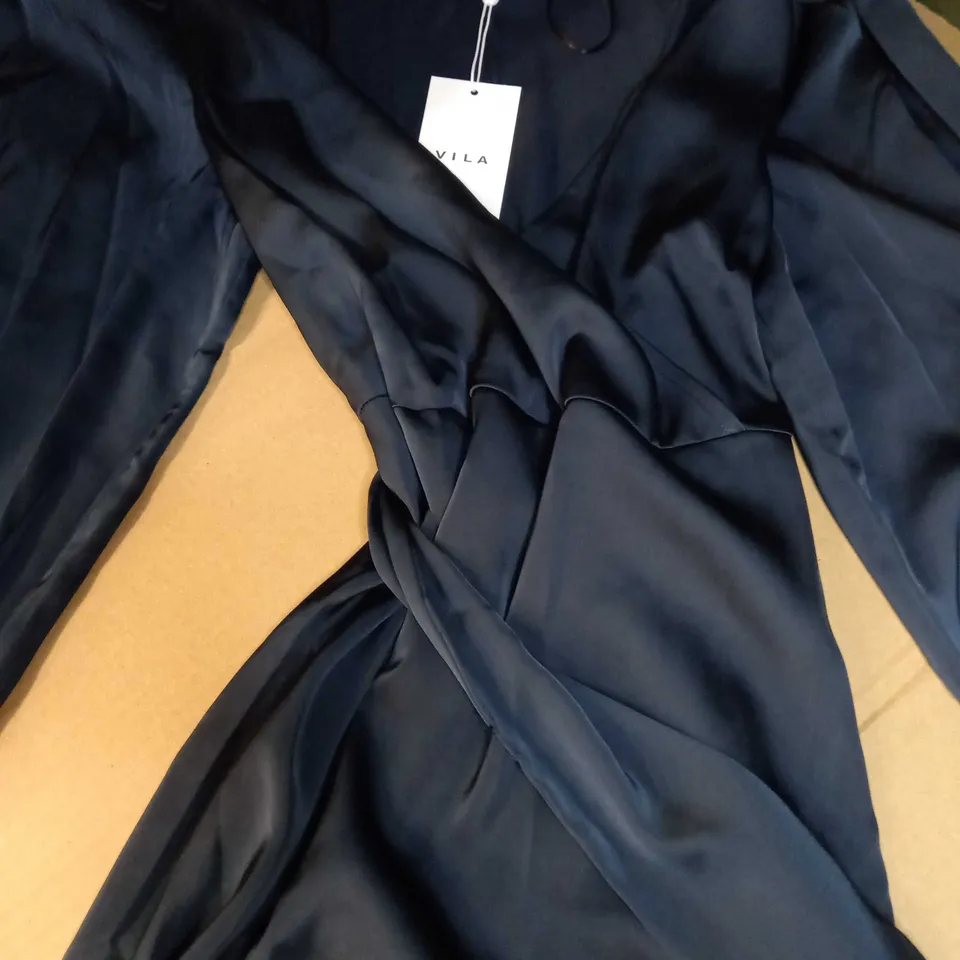 VILA NAVY SATIN PLUNGE MAXI DRESS 