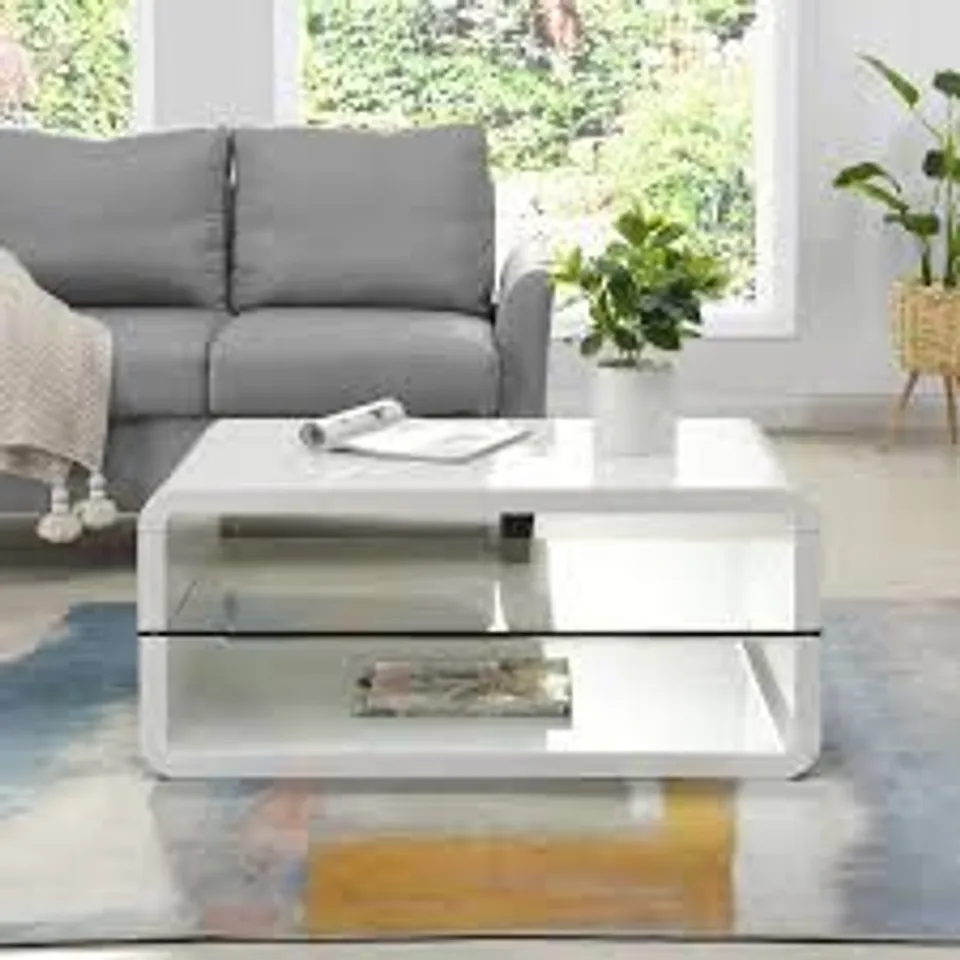 BOXED LUCENT WHITE HIGH GLOSS AND GLASS SHELF COFFEE TABLE