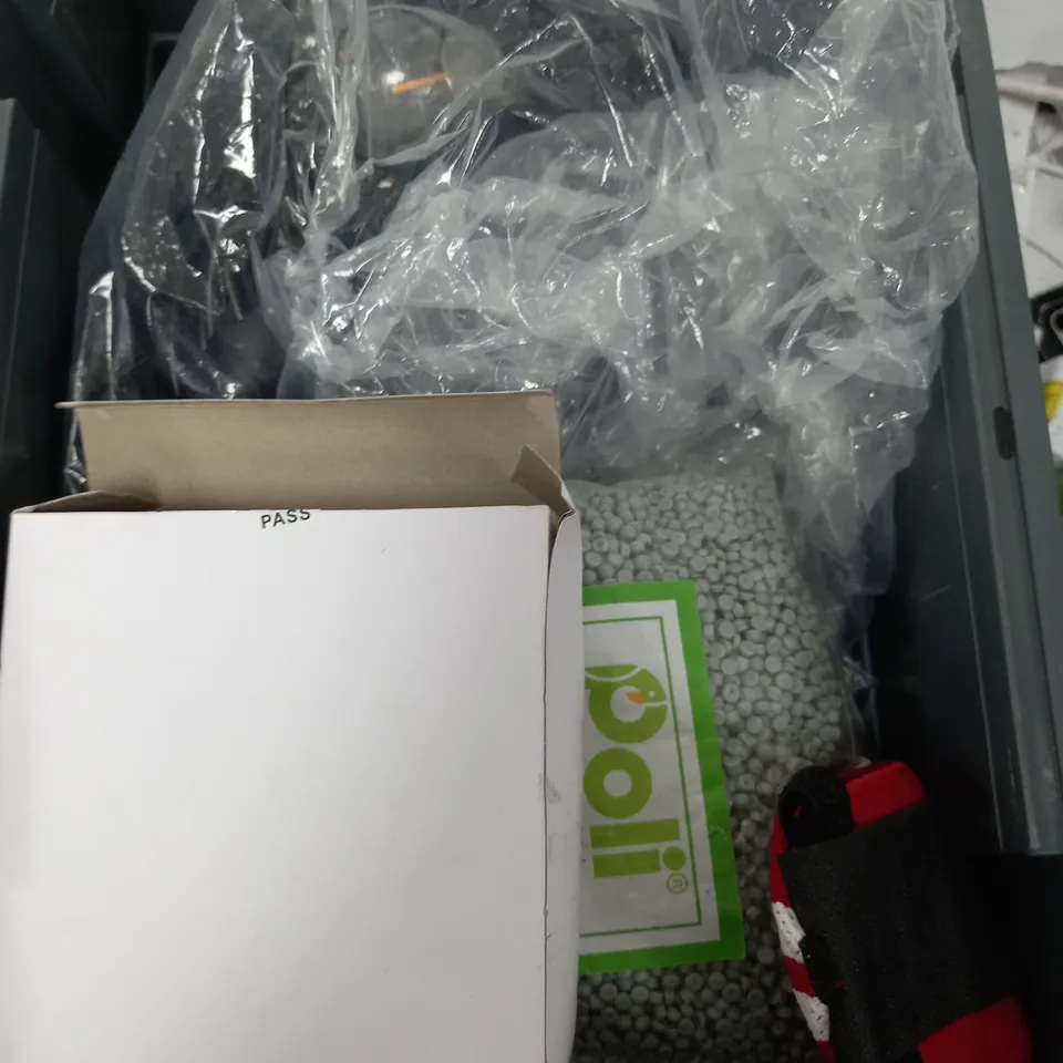 BOX OF APPROXIMATELY 10 ASSORTED ITEMS TO INCLUDE - PLASTIC PELLETS, BARBLESS, SHOE POLISH ETC