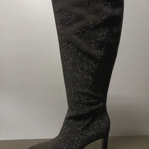 BOXED PAIR OF MINT VELVET LONG SPARKLE BOOTS, BLACK - UK SIZE 7