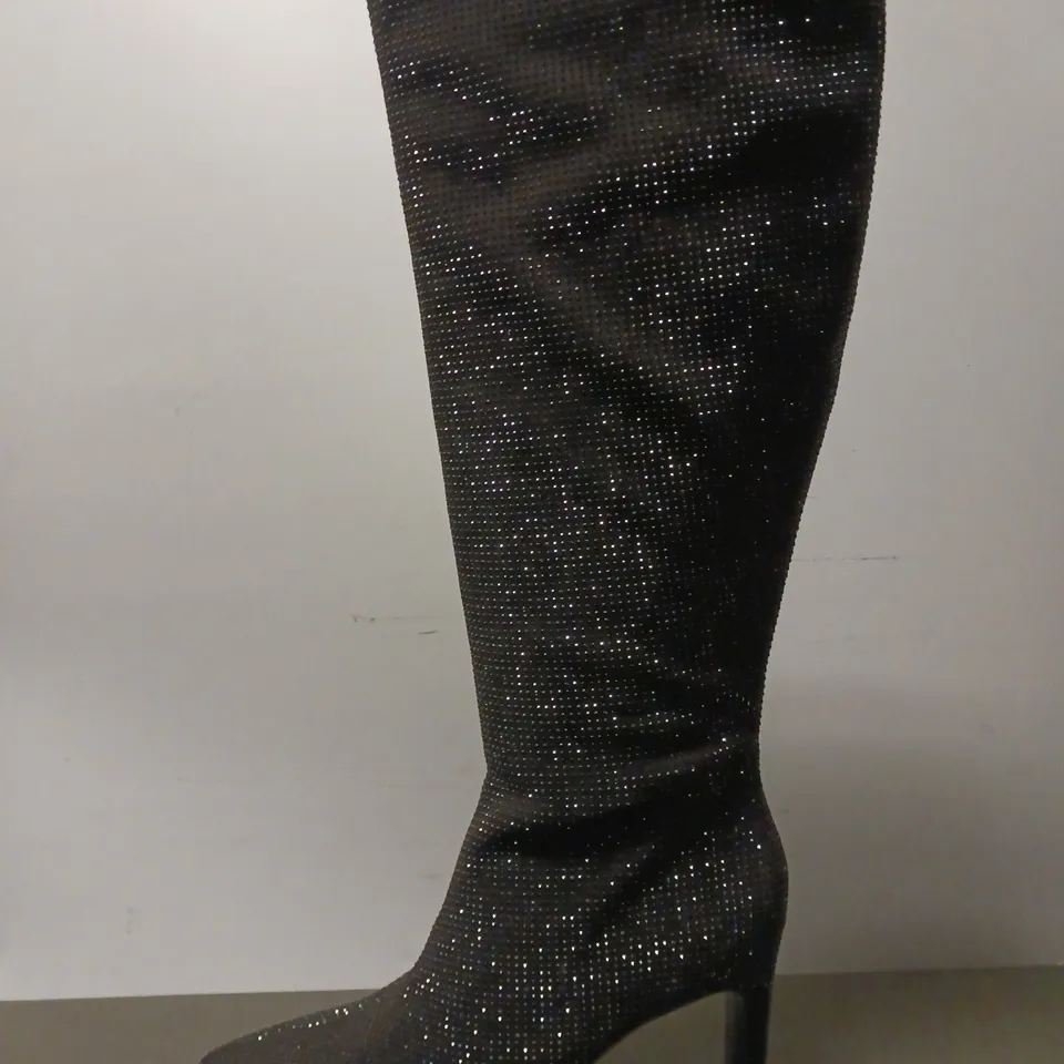 BOXED PAIR OF MINT VELVET LONG SPARKLE BOOTS, BLACK - UK SIZE 7