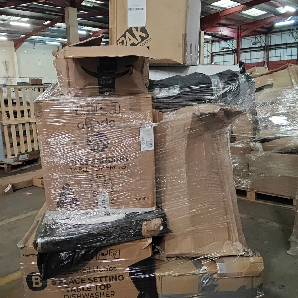 PALLET OF ASSORTED HOUSEHOLD GOODS AND PRODUCTS TO INCLUDE;TABLE TOP FRIDGE, TABLETOP DISHWASHER,FAN,PANS