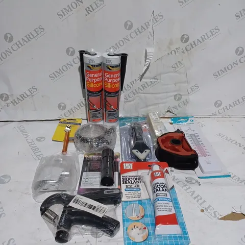 LOT OF APPROXIMATELY 10 ASSORTED HOUSEHOLD ITEMS TO INCLUDE SILICONE, SILICONE SEALANT AND THERMOMETER
