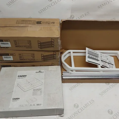 BOX OF APPROXIMATELY 3X BRAND NEW SONGMICS SHOE RACKS, 1X BRAND NEW DURABLE CADDY DRAW INSERT, 1X BRAND NEW SMALL MULTIFUNCTIONAL SHOE RACK