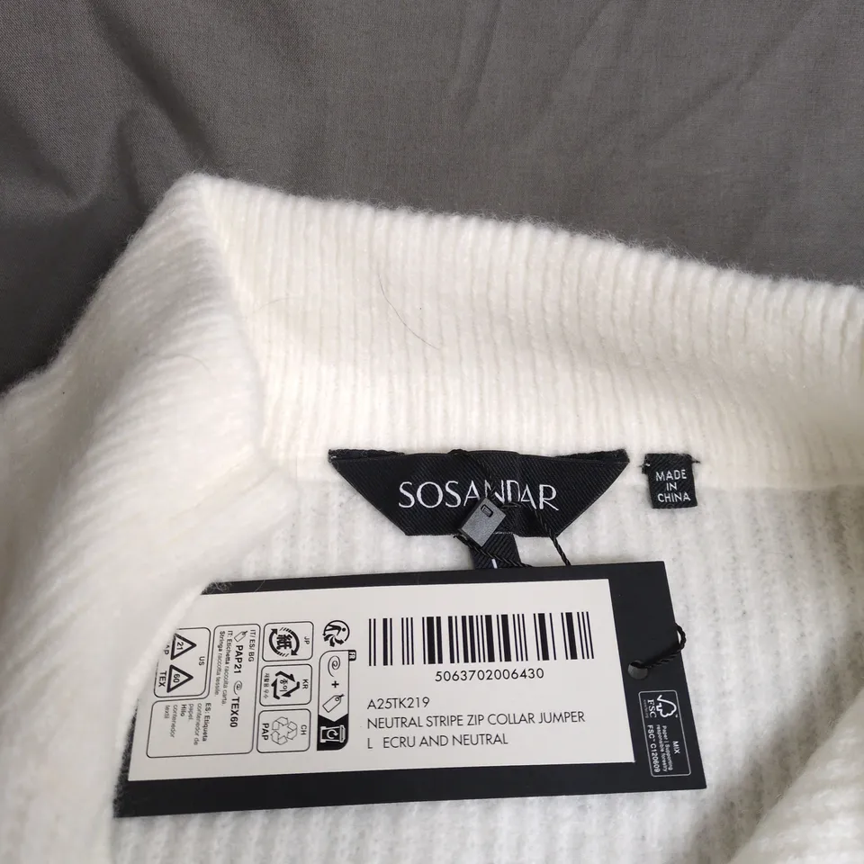 SOSANDAR STRIPED ZIP-NECK JUMPER, WHITE & GREY, UK SIZE L
