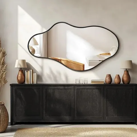 BOXED IRREGULAR METAL FRAMED WALL MIRROR, ASYMMETRICAL MIRROR FOR BATHROOM (1 BOX)