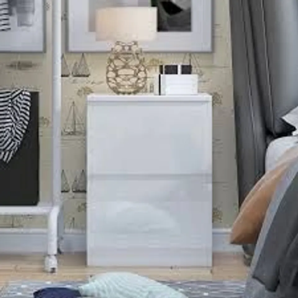 BOXED CARLTON 2 DRAWER BEDSIDE TABLE NIGHTSTAND: HIGH GLOSS FRONT - WHITE GLOSS (1 BOX)