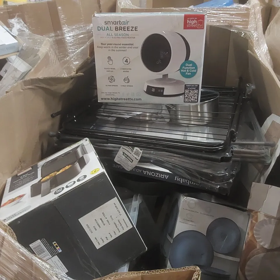 PALLET CONTAINING A VERY LARGE QUANTITY OF ASSORTED CONSUMER PRODUCTS INCLUDING: AIRFRYER, SMART AIR ALL SEASON FAN, DINNERWARE ECT