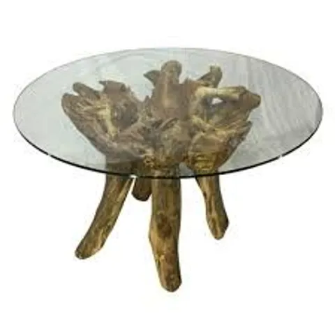 BRAND NEW HOMES DIRECT 365 TEAK ROOT ROUND GLASS DINING TABLE SMALL (2 PIECES)