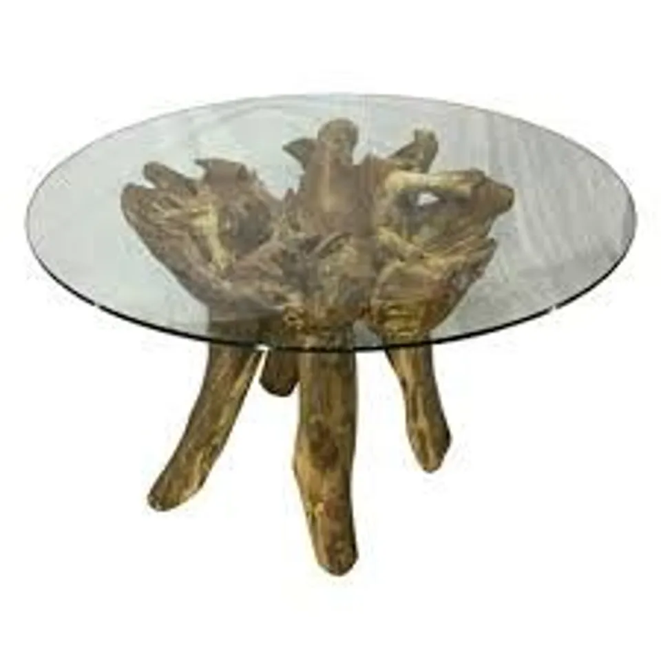 BRAND NEW HOMES DIRECT 365 TEAK ROOT ROUND GLASS DINING TABLE SMALL (2 PIECES)
