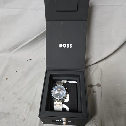 BOSS TOURMASTER DUAL TIME BI COLOUR BRACELET WATCH WITH BLUE DIAL