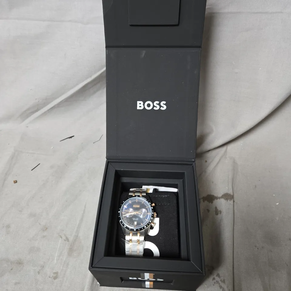 BOSS TOURMASTER DUAL TIME BI COLOUR BRACELET WATCH WITH BLUE DIAL