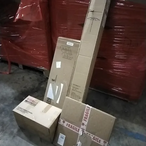PALLET OF HOUSEHOLD ITEMS TO INCLUDE 9FT UMBRELLA, YAMAHA PARTS AND ACCESSORIES, STORAGE RACK, PICTURE FRAME AND OTHER ASSORTED ITEMS....