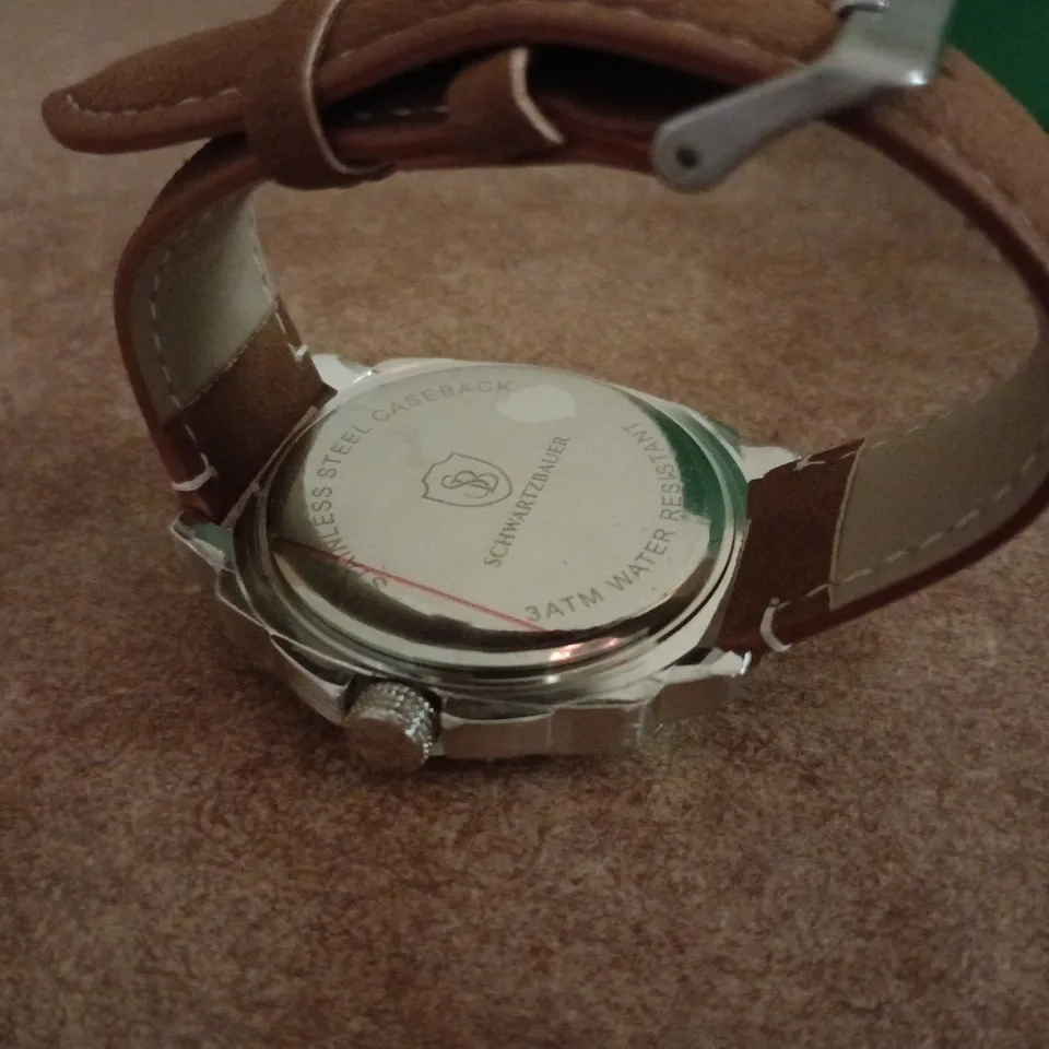 BOXED SCHWARTZBAUER QUARTZ WRISTWATCH WITH BROWN LEATHER STRAP