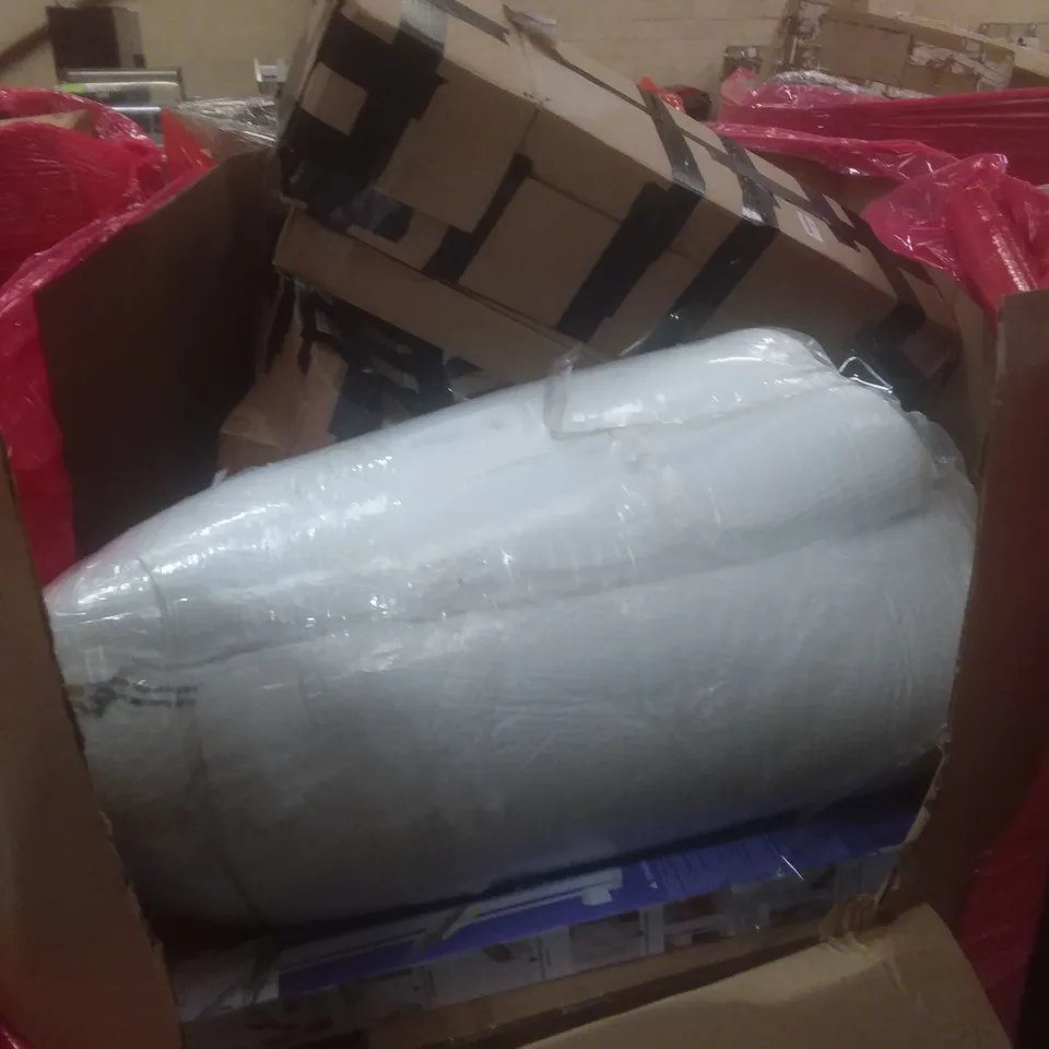 PALLET OF ASSORTED HOUSEHOLD PRODUCTS AND ITEMS, INCLUDING; CANVAS PRINT, ELECTRIC HEATED UNDERBLANKET, LED CEILING LIGHT, BOXED FURNITURE ETC 