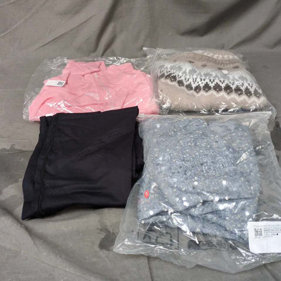 BOX OF APPROXIMATELY 15 ASSORTED CLOTHING ITEMS TO INCLUDE PINK ZIP UP TOP, LEGGINGS, XMAS JUMPER, LADIES SEQUIN TOP ETC