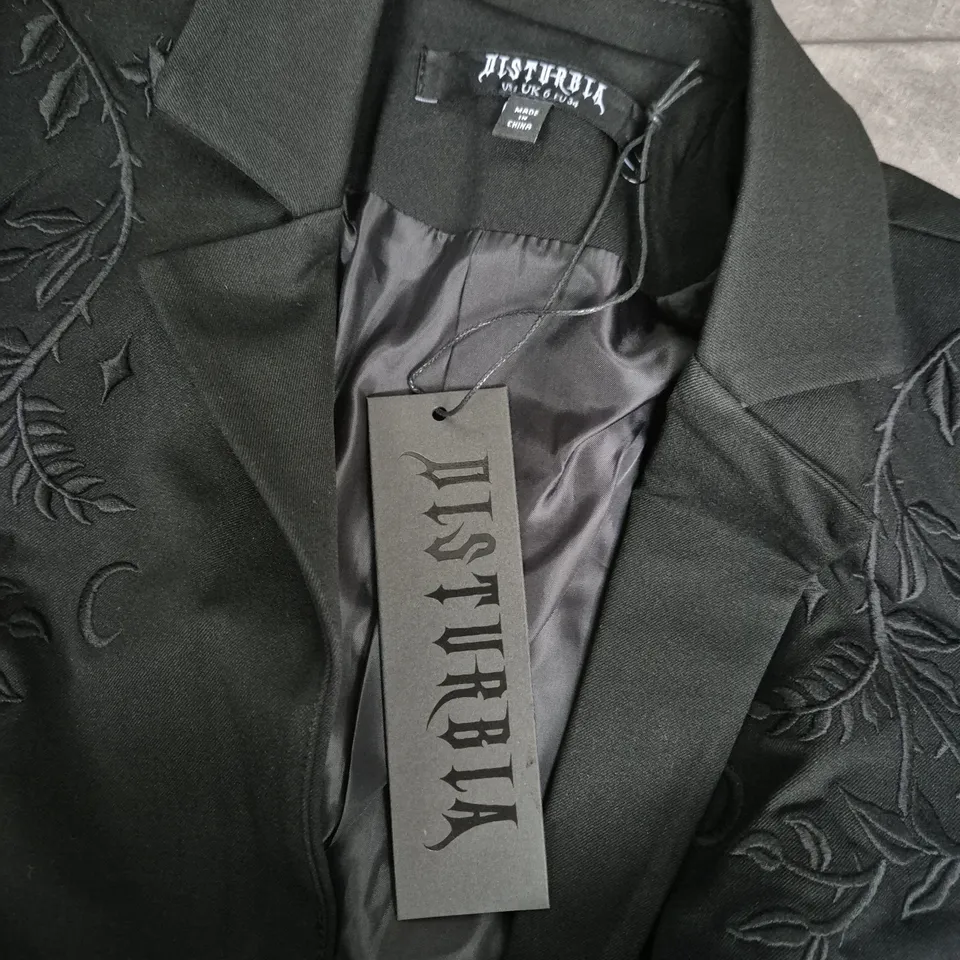 DISTURBIA MONA EMBROIDERED CROP BLAZER — BLACK, UK 6 (US 2 / EU 34)