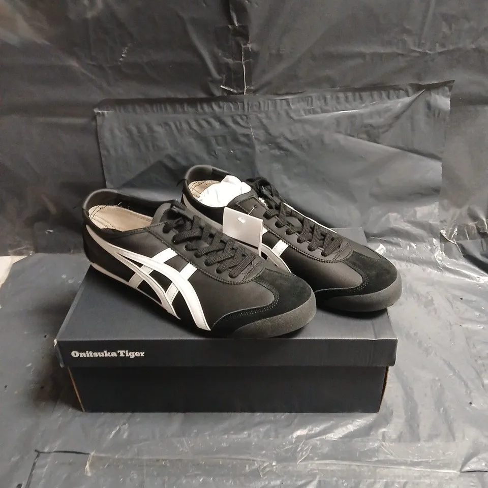 ONITSUKA TIGER SNEAKERS – BLACK WITH WHITE STRIPES (BOXED) SIZE 11.5