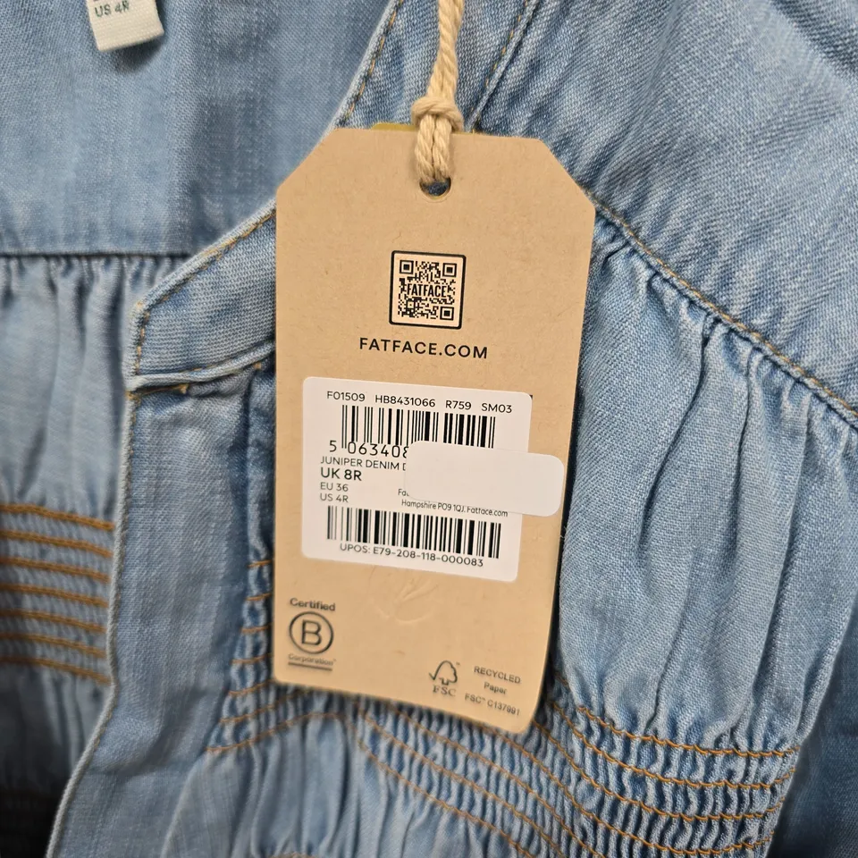 FATFACE DENIM DRESS WITH SMOCKED BODICE, PUFF SLEEVES – UK 8R