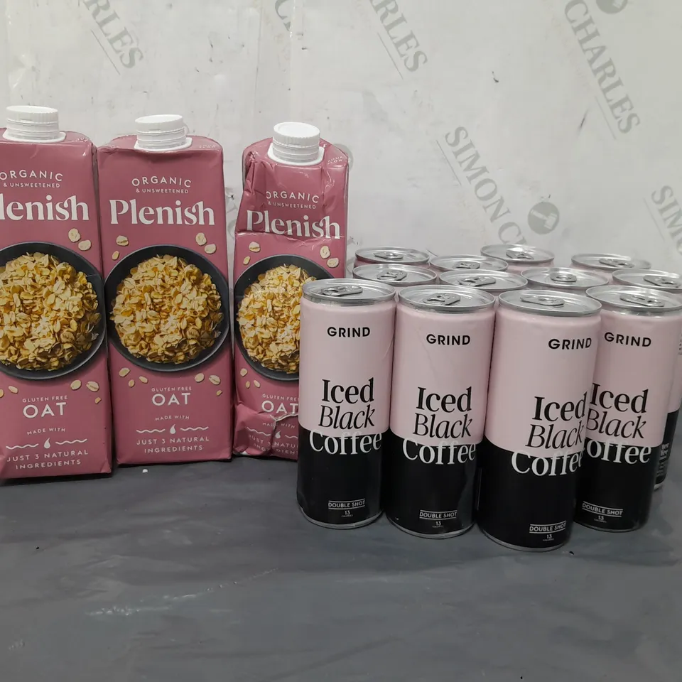 APPROXIMATELY 15 ASSORTED DRINK TO INCLUDE PLENISH GLUTEN FREE OAT MILK, GRIND ICED BLACK COFFEE 