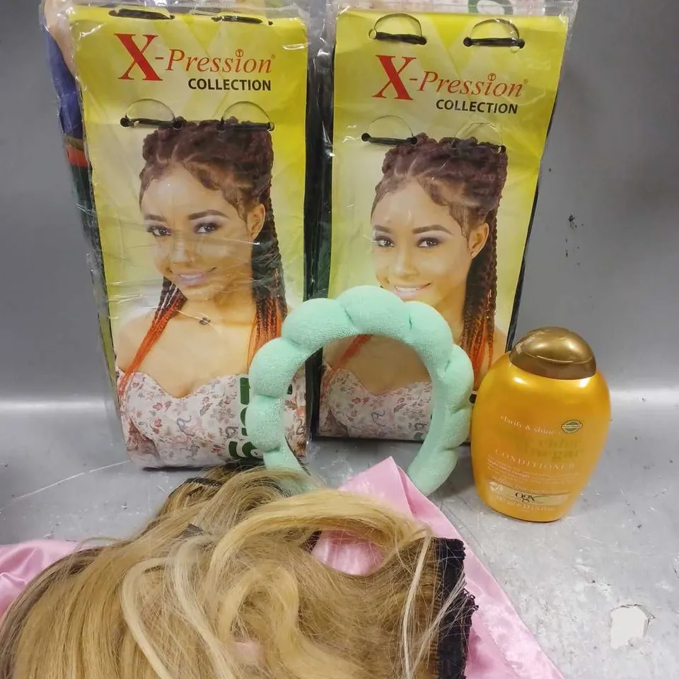 APPROX 10 ASSORTED HAIRCARE PRODUCTS TO INCLUDE HAIR EXTENSIONS, OGX CONDITIONER, HEADBAND, ETC 