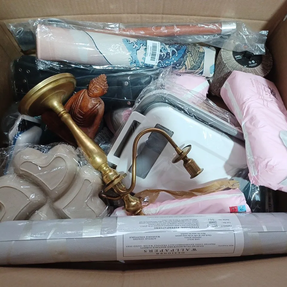 BOX OF APPROXIMATELY 12 ASSORTED ITEMS TO INCLUDE - BOOTS MATERNITY TOWELS - BUDDHA - DESIGNER WALLPAPER ONE BOLT ECT
