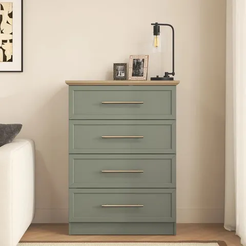 BOXED CLEVERDON FEYA 4 DRAWER CHEST OF DRAWERS - KALE GREEN/OSLO OAK (1 BOX)