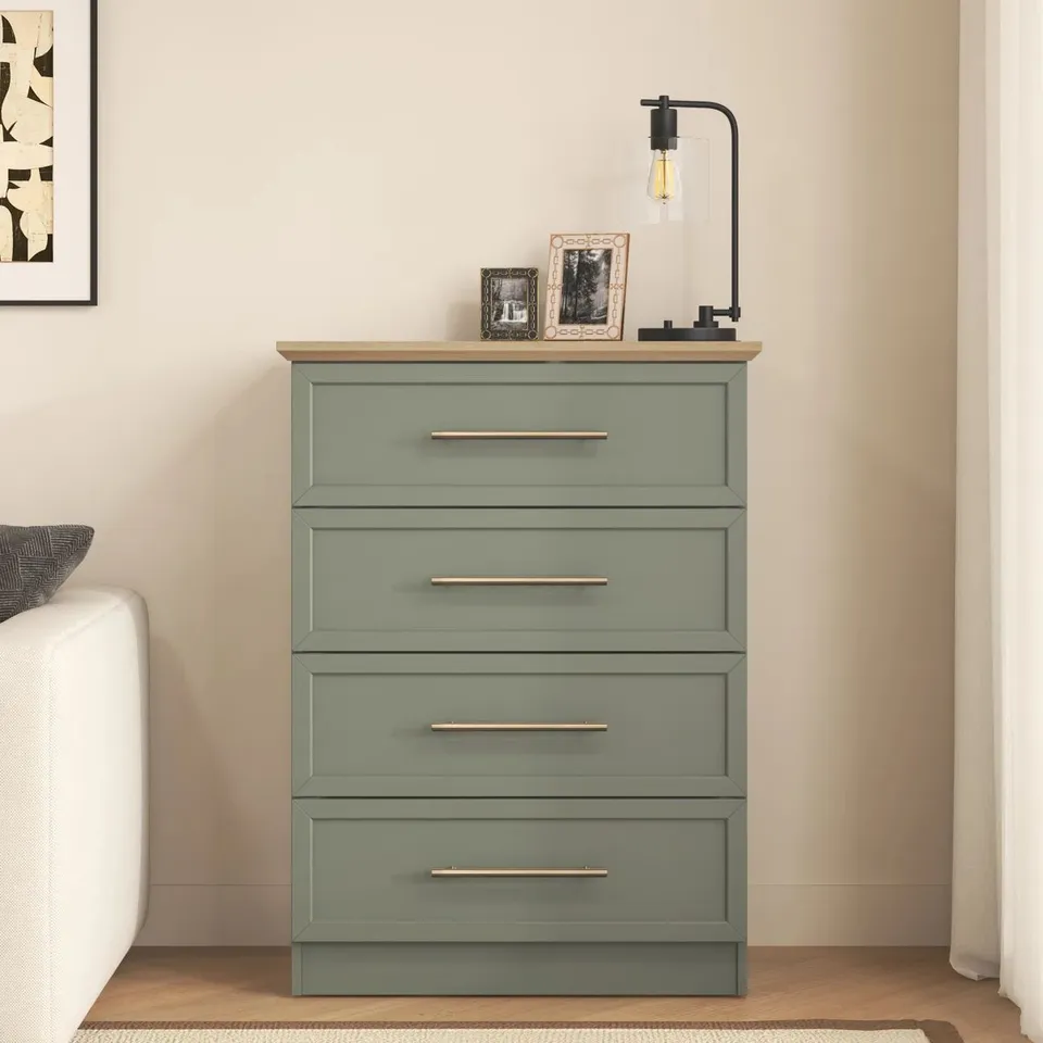 BOXED CLEVERDON FEYA 4 DRAWER CHEST OF DRAWERS - KALE GREEN/OSLO OAK (1 BOX)