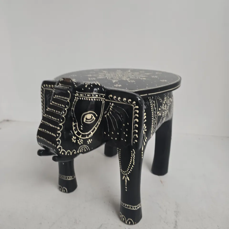 DECORATIVE ELEPHANT STOOL, BLACK WITH WHITE PATTERN