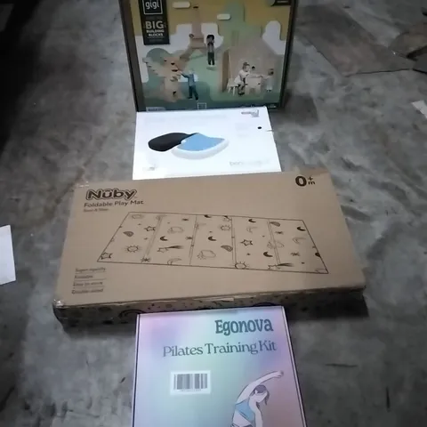 PALLET OF HOUSEHOLD ITEMS TO INCLUDE PILATES TRAINING KIT, FOLDABLE PLAY MAT, SEAT CUSHION FOR PRESSURE MANAGEMENT,  GIGI BUILDING BLOCKS AND OTHER ASSORTED ITEMS...