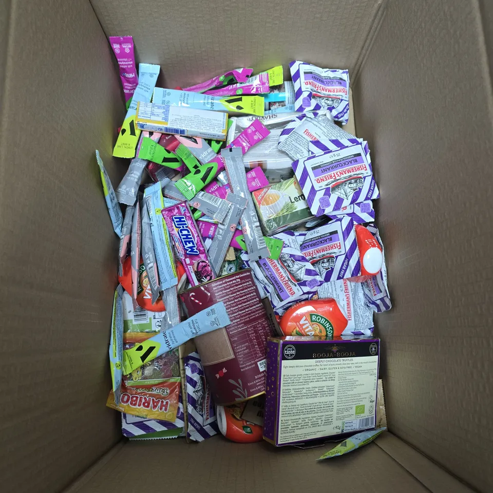 LARGE QUANTITY OF ASSORTED FOOD ITEMS TO INCLUDE CELEBRATIONS, BLACK PUDDING, TOMATOE SAUCE AND COFFEE SET