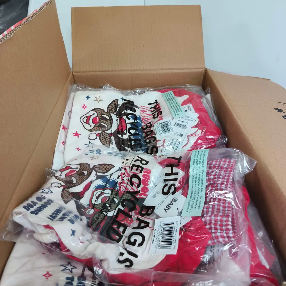 BOX OF APPROXIMATELY 50 BABY CHRISTMAS RAGLAN PJ SET VARSITY RED GINGHAM/GINGHAM 12 - 18 MONTHS
