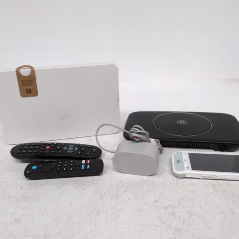 TOTE OF APPROXIMATELY 15 ASSORTED ITEMS TO INCLUDE SKY ROUTER, BT ROUTER, REMOTE CONTROLS, DOJO ETC