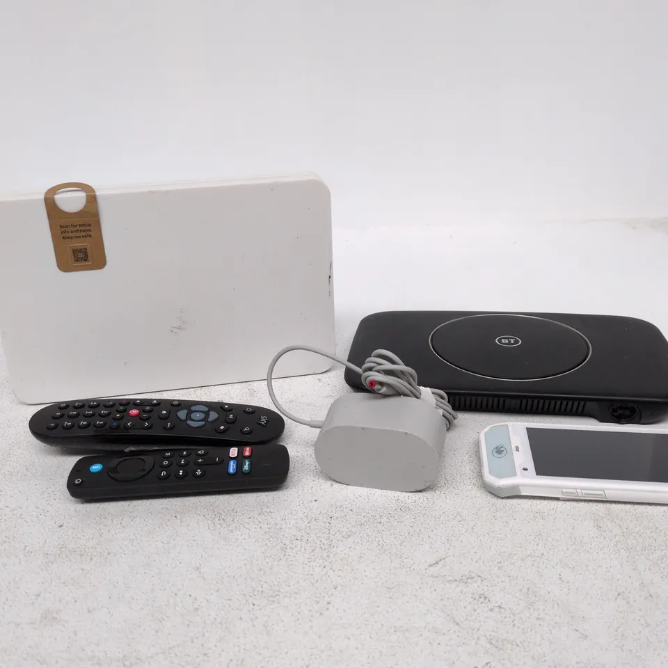 TOTE OF APPROXIMATELY 15 ASSORTED ITEMS TO INCLUDE SKY ROUTER, BT ROUTER, REMOTE CONTROLS, DOJO ETC