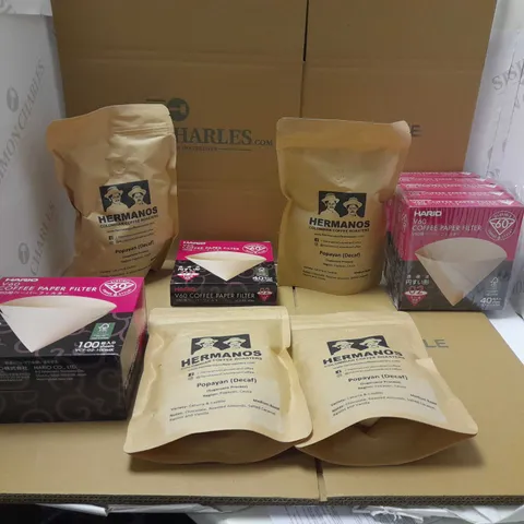 BOX OF ASSORTED FOOD AND DRINK ITEMS TO INCLUDE COFFEE PAPER FILTERS AND HERMANOS COLOMBIAN COFFEE ROASTERS