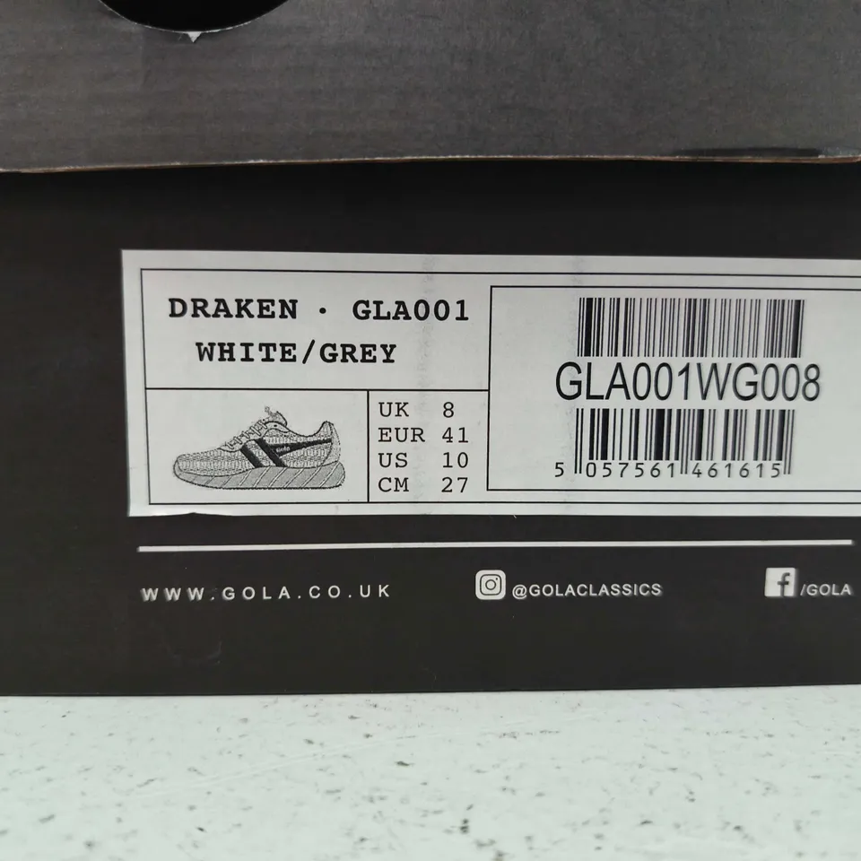 BOXED PAIR OF GOLA DRAKEN TRAINERS – WHITE/GREY, UK 8