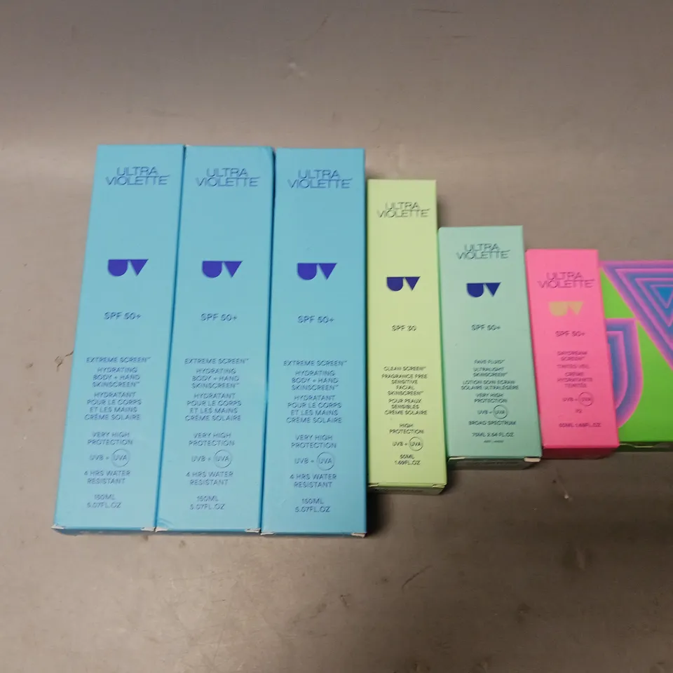 7 ULTRA VIOLETTE PRODUCTS TO INCLUDE SPF 50+ SXTREME SKIN, SPF 30 CLEAN SCREEN, AND SPF 50+ DAYDREAM SCREEN ETC. 