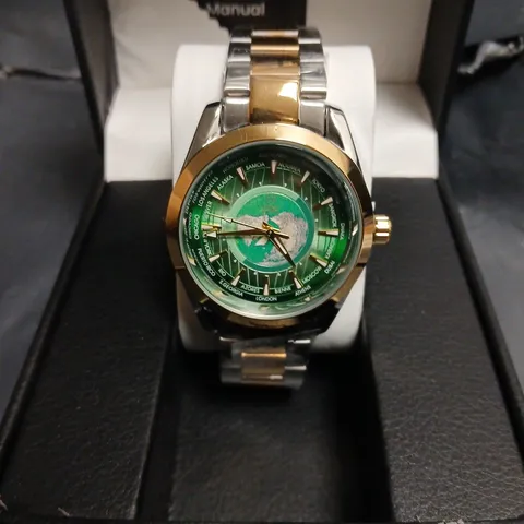 ERNEST FERDINAND EF WATCH – TWO-TONE STAINLESS STEEL, GREEN WORLD-TIME DIAL