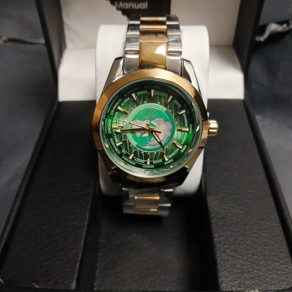 ERNEST FERDINAND EF WATCH – TWO-TONE STAINLESS STEEL, GREEN WORLD-TIME DIAL