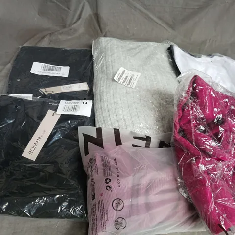 LARGE BOX OF APPROXIMATELY 20 ASSORTED CLOTHING ITEMS IN VARIOUS SIZES, STYLES AND COLOUR