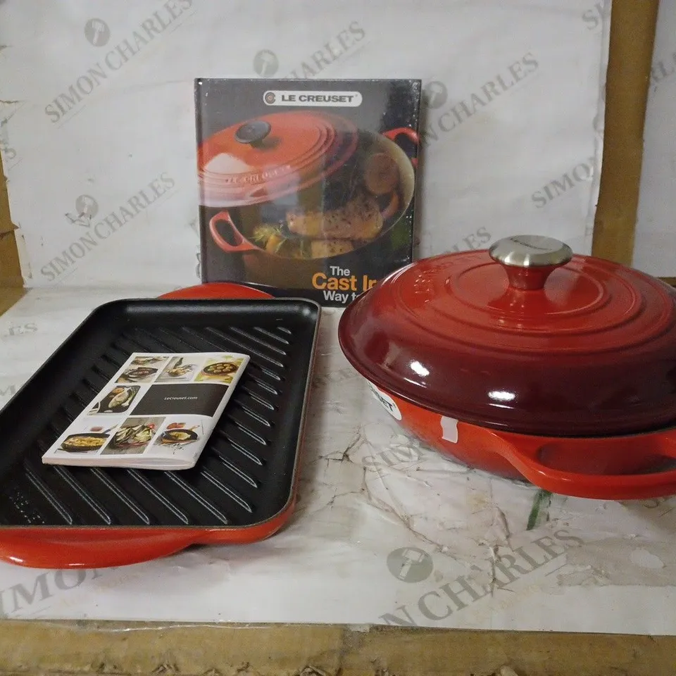 LE CREUSET CAST IRON 2 PIECE SET, 26CM SHALLOW CASSEROLE & 32CM RECTANGULAR GRILL, CERISE