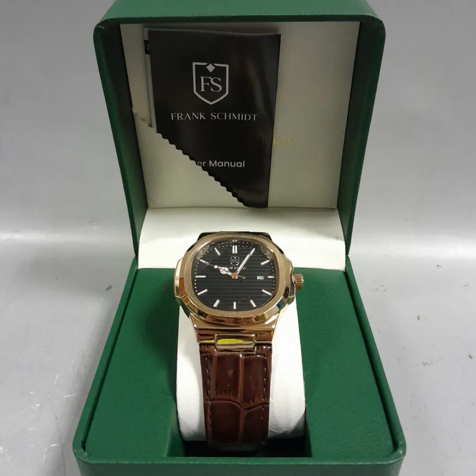 MENS FRANK SCHMIDT WATCH – TEXTURED DIAL WITH DATE – LEATHER STRAP- MODEL: FSL AMBASSADOR – 3ATM WATER RESISTANT