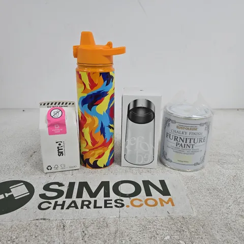 TOTE OF APPROXIMATELY 10 ASSORTED HOUSEHOLD ITEMS TO INCLUDE REFORMED GLASS BOTTLE, SMOL WASHING UP LIQUID, FURNITURE PAINT, DRINK BOTTLE ETC
