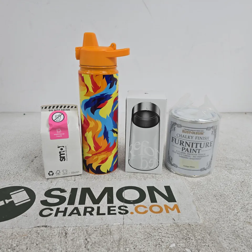 TOTE OF APPROXIMATELY 10 ASSORTED HOUSEHOLD ITEMS TO INCLUDE REFORMED GLASS BOTTLE, SMOL WASHING UP LIQUID, FURNITURE PAINT, DRINK BOTTLE ETC