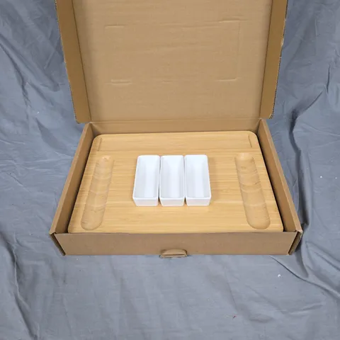 WOODEN SERVING TRAY WITH THREE WHITE CERAMIC BOWLS