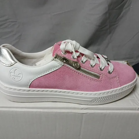 BOXED PAIR OF RIEKER PINK SUEDE TRAINERS – SIZE 39